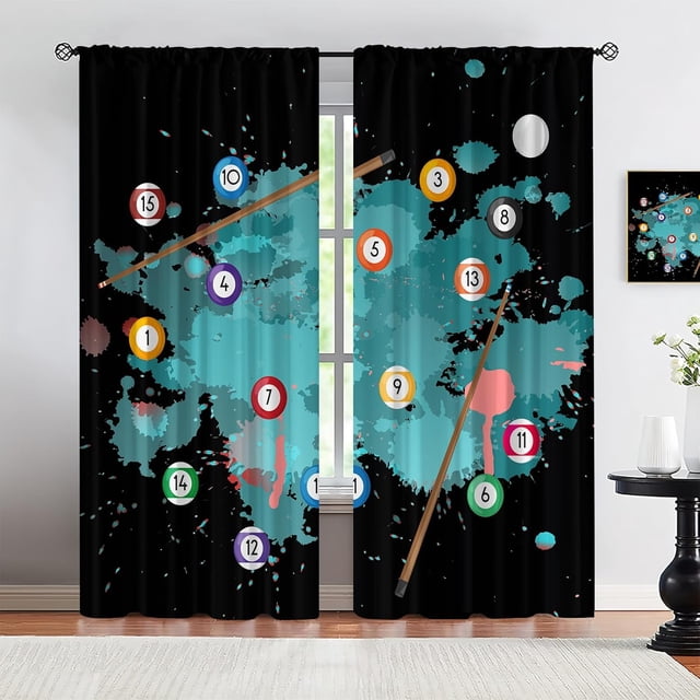 Abstract Blue Tie-Dye Blackout Curtains, Pool Table 3D Billiards Soundproof Curtains, Window Treatments Do Not Fade Pattern Clear for Living Room Bedroom Kitchen Dining Room Kid Room-W84xL84in