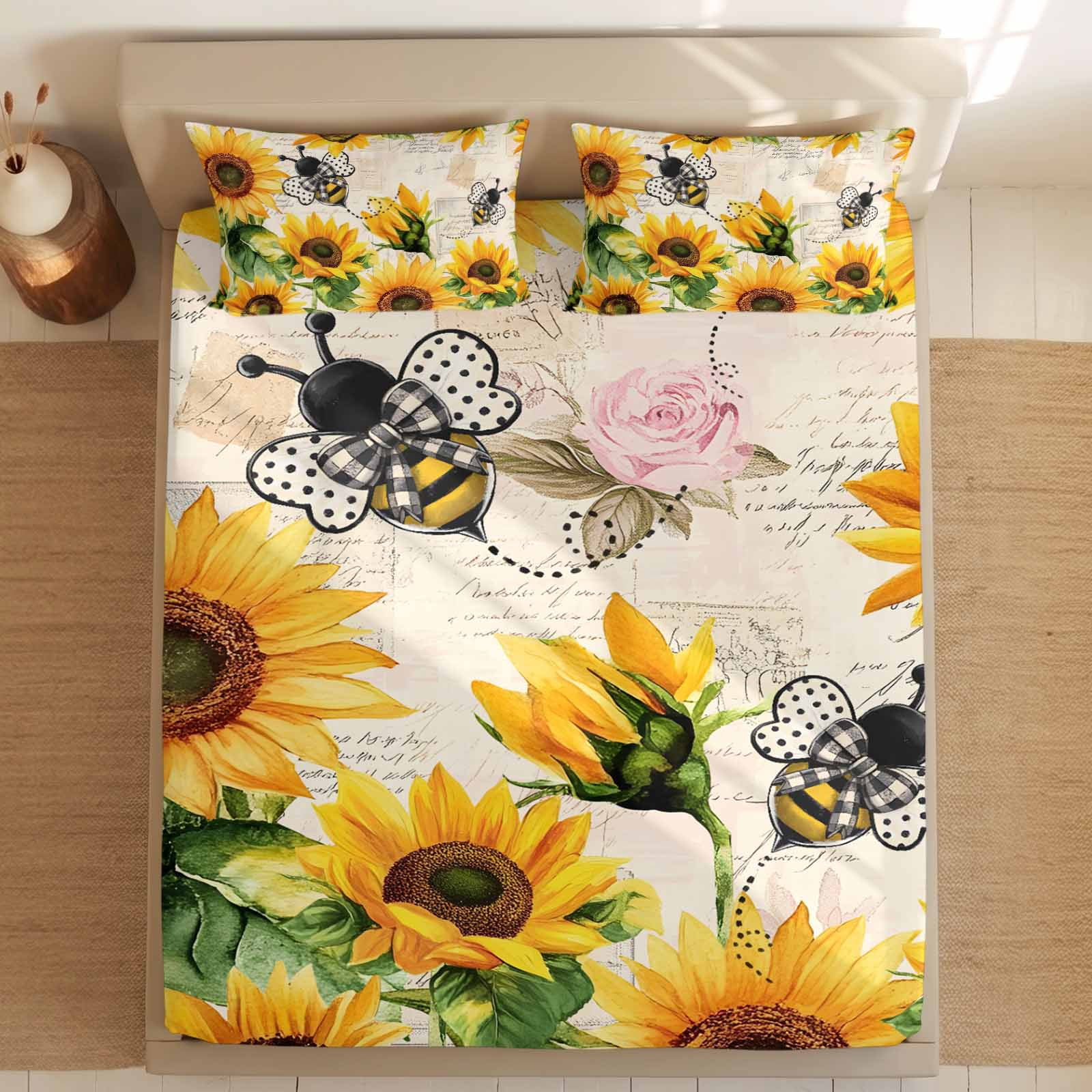 Twin Sze Fitted Sheet Set - Sunflower Farmhouse 2 Piece Bedding Sets 16" Deep Pocket Fitted Sheet with 1 Pillowcase, Spring Summer Vintage Floral Bee Brushed Microfiber Hotel Luxury Bed Sheets