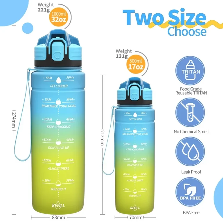 ZOUNICH Motivational Water Bottle with Time Marker Leakproof Water Bottles  for Kids 17oz, Blue Yellow 