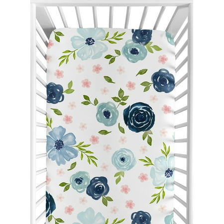 UPC: 0846480073574 | Blue and Pink Floral Baby Girl Crib Sheet – Blush Navy Green and White Shabby Chic Watercolor Rose Flower Fitted Toddler Bed Nursery by Sweet Jojo Designs