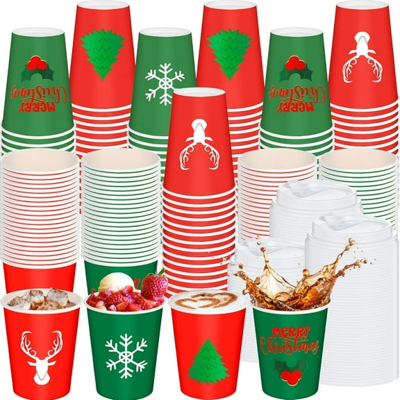 g 120 Pcs Christmas Disposable Coffee Cups with Lids 12 oz Xmas Paper Cups for Hot Beverage Chocolate Tea with Christmas Tree Snowflake Berry Elk 4 Styles for Xmas Theme Party Supplies，Disposable cup
