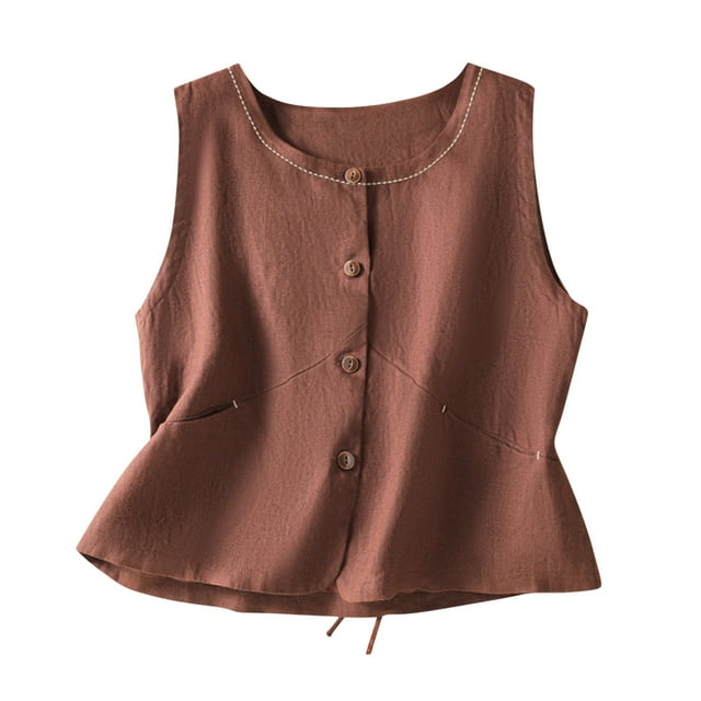 Ashirexll Débardeurs pour Femmes en Faux Lin Sans Manches avec Boutons et Col Rond Plissé