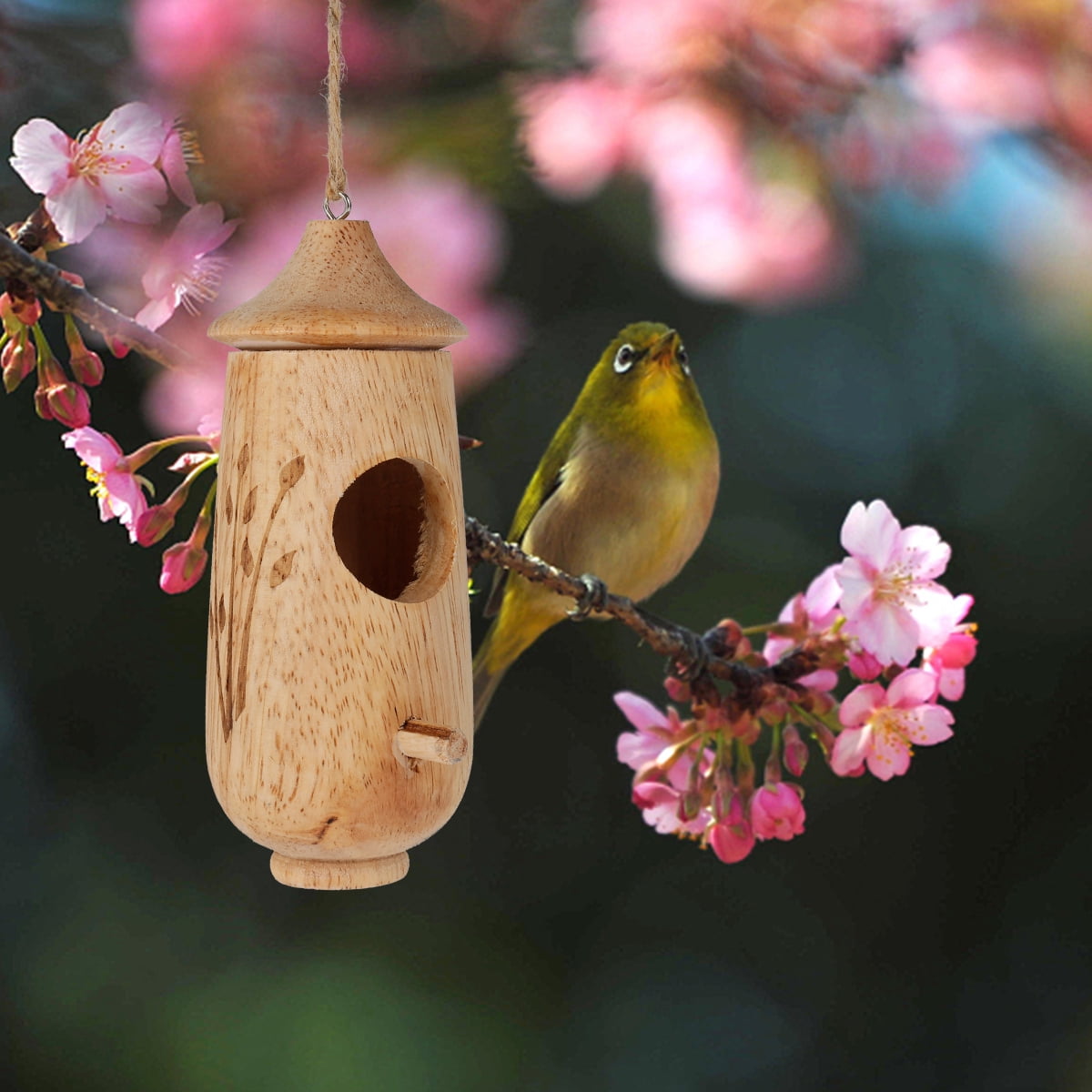 GOTYDI Wooden Hummingbird House Hanging Hummingbird Nest with Gold Metal Ring Durable Hummingbird Seed Feeders Outdoors Garden Decoration Gift for Bird Lovers