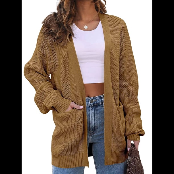 Cárdigan Extragrande de Punto Suave para Mujer con Bolsillos Camello L