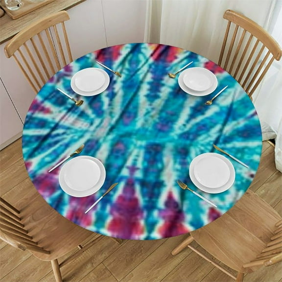 HAOXIT Tie Dye Round Fitted Tablecloth, Close up of Vertical Gradient Tie Dye Effect Retro Artwork, Elastic Edge, Suitable for Table Decoration, Buffet and Camping, Fit for Round Table 31-35