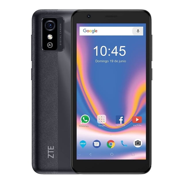 smartphone zte blade l9 32 gb gris telcel vista frontal y trasera; teléfono gris con pantalla de 5" relación 18:9 mostrando pantalla de inicio Android, módulo trasero rectangular con cámara 8 MP y flash, logo ZTE y acabado texturizado; 1 GB RAM, 32 GB interno, Android 11 Go y batería 2000 mAh; suele usarse también como móvil secundario para apps básicas y viajes cortos.