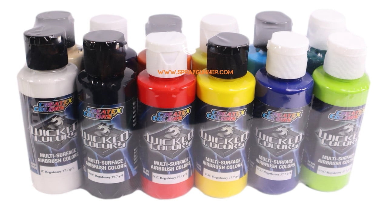 Createx Wicked Colors Airbrush Color - Opaque Colors, Set of 12, 2 oz, Bottles