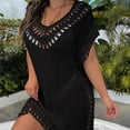 thumbnail image 4 of Antinious Ladies V-Neck Short Sleeve Hand Crochet Neck Splice Solid Coverup Versatile Casual Dress, 4 of 5