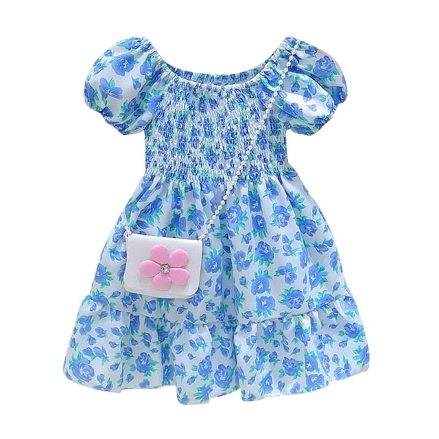 IULZEBTY Robes pour Filles Été à Volants Manches Bouffantes Mode Imprimé Floral Mignon Robes avec Sac à Bandoulière Robe Princesse Taille 4 Y-5 Y