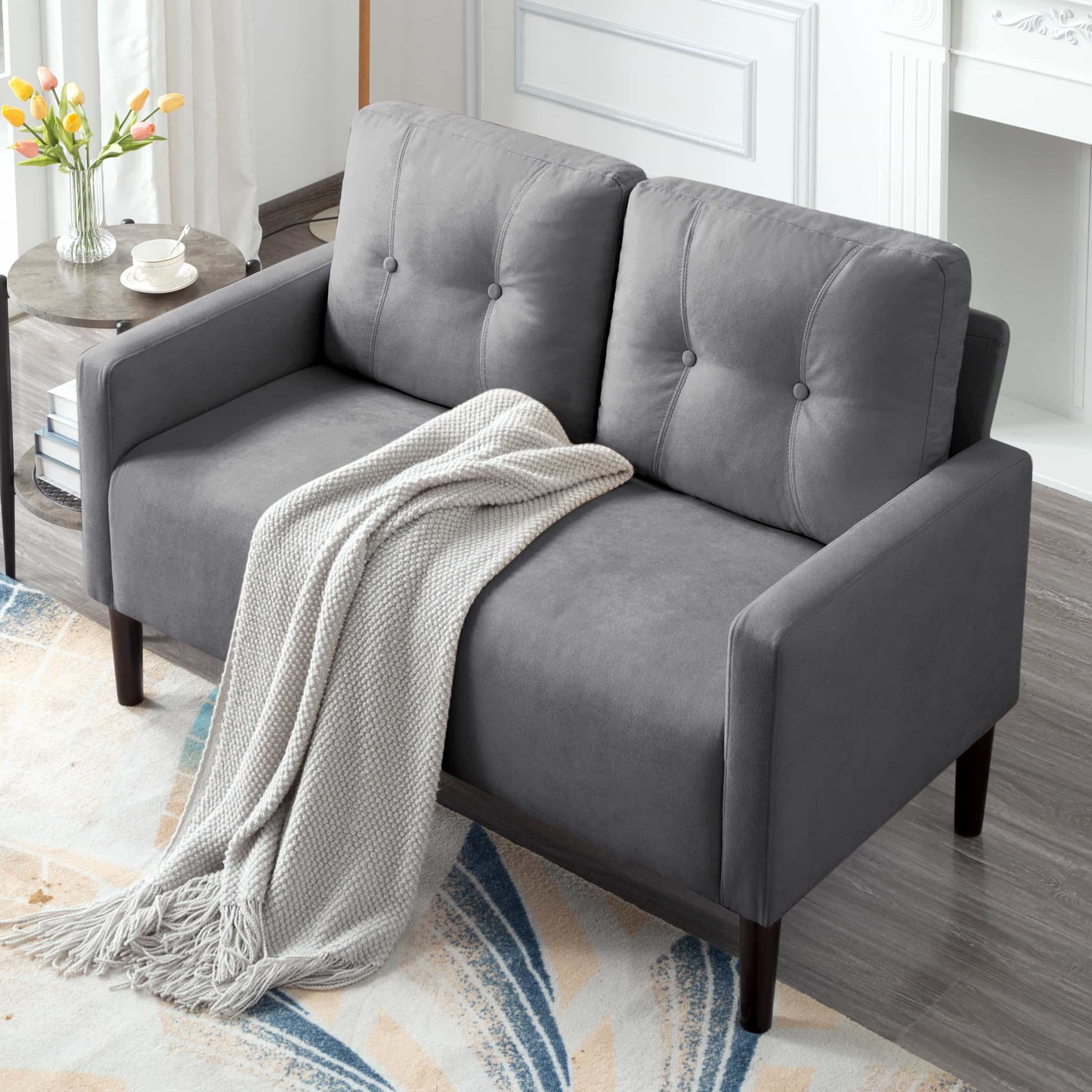 BSHTI 51.2”Loveseat Couch,Linen Blend Upholstery,Back Cushions are Removable,Solid Wood and Iron Combination,6 Colors for Choosing,Standard Couch(Light Gray)