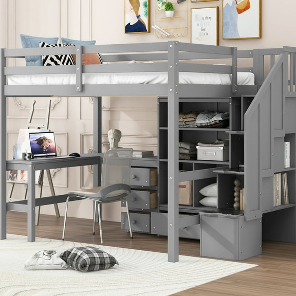 Gray Full Size Loft Bed With L-shaped Desk, Drawers & Practical Storage Unit Drawers, Cabinet Staircase In