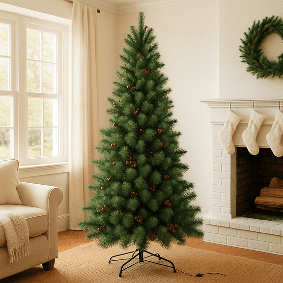 7ft Artificial Pre-lit Christmas Tree with Warm White LED Lights and Pine Cones, Home Holiday Décor, Hinged, Branches for Indoor Decoration Easy Setup