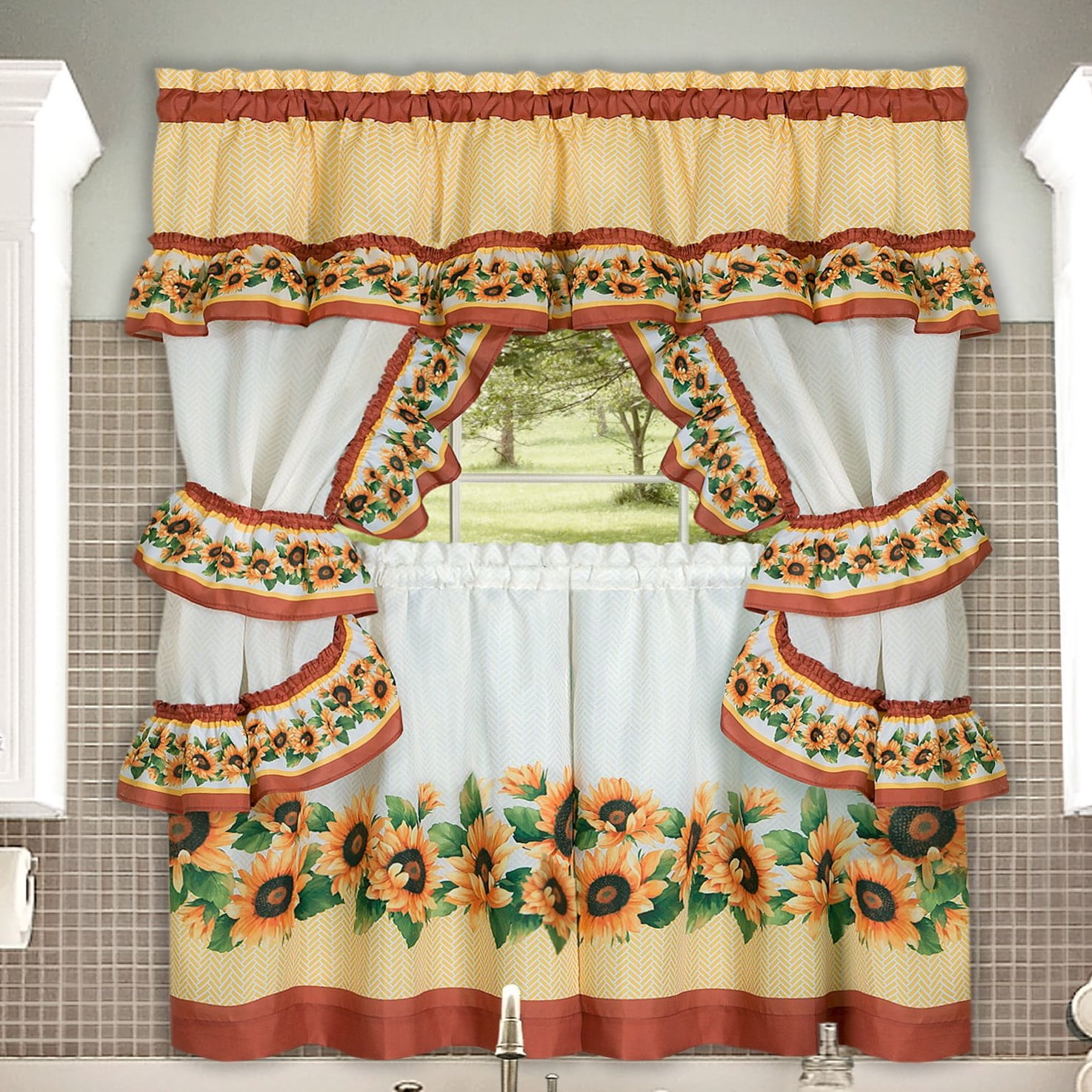 Top Swag and Tiebacks Complete Window Kitchen Curtain Set with Tier Panels 