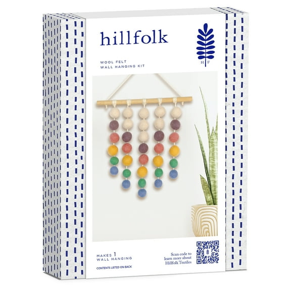 Hillfolk Felt Ball Wall Hanging Kit- Includes 34 Wool Felt Balls, 10" Wood Dowel, Needle, Floss And Instructions. Makes One Wall Hanging.