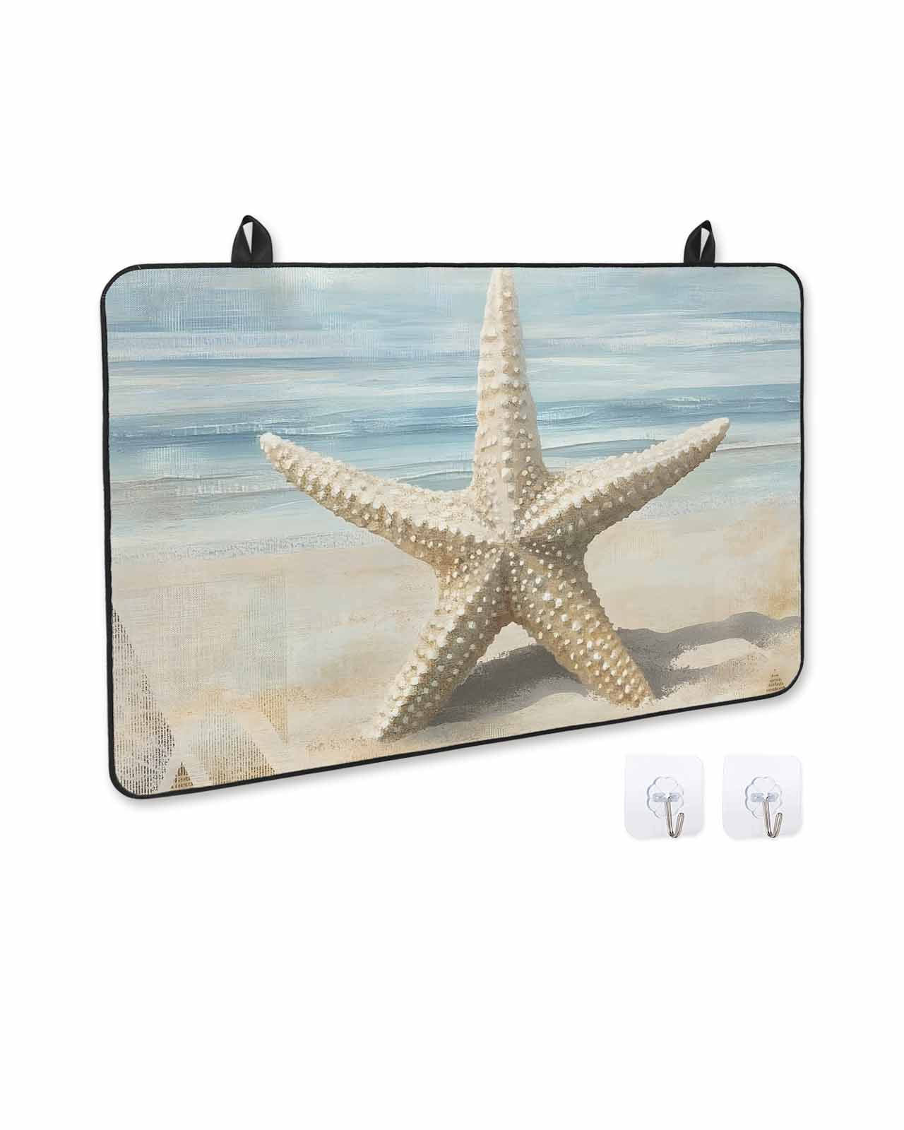 nqOlkjepod Large Induction Cooktop Protector Mat 36"x21", Coastal Beach Starafish Stove Top Covers for Electric Stove, Summer Ocean Wave Blue Beige Stove Burner Cover Mats, Glass Top Stove Cover
