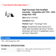 thumbnail image 2 of Right Passenger Side Headlight Assembly - Compatible with 1994 - 2002 Dodge Ram 1500 1995 1996 1997 1998 1999 2000 2001, 2 of 2