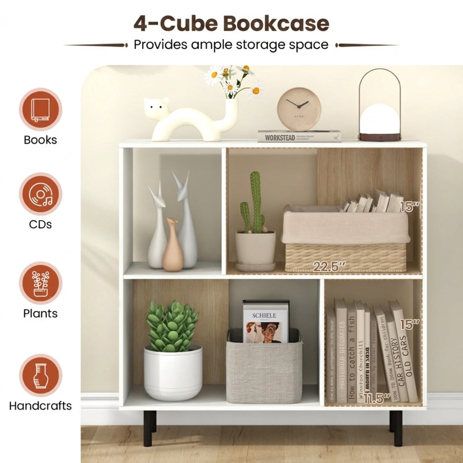 Furnibear Open Shelf Bookcase with 4 Compartments for Living Room Home Office Bedroom Display Storage Shelf, White