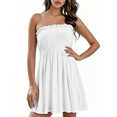 OAMDNDEA Summer Dresses for Women 2025 Vacation Boho Beach Cover Ups Strapless Sleeveless Tube Top Dress Flowy Plus Size Short Dress Beach Vacation Clothes White M