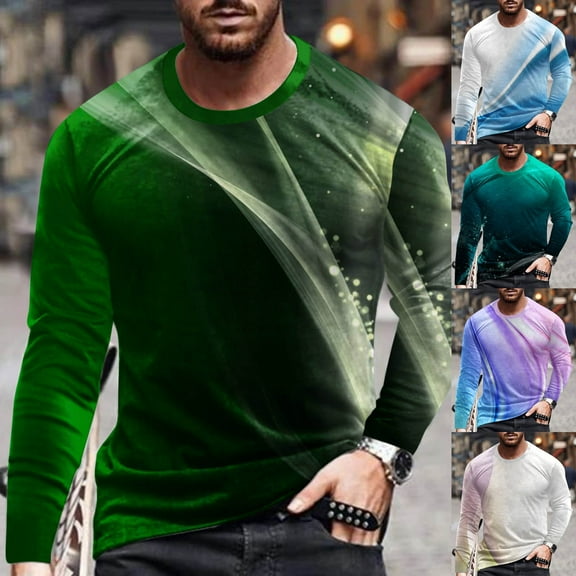 Qingpeng Mens Long Sleeve Shirt Casual Print Graphic Tee Shirts Workout Loose Pullover Crewneck Sweatshirs