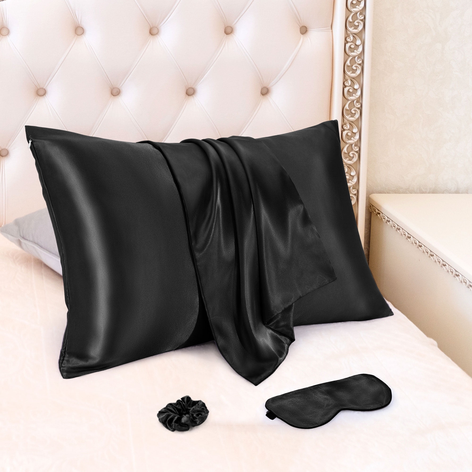 Unique Bargains Durable Soft Zippered Closure Set of 2 Satin Pillowcase Black Standard(20"x26")