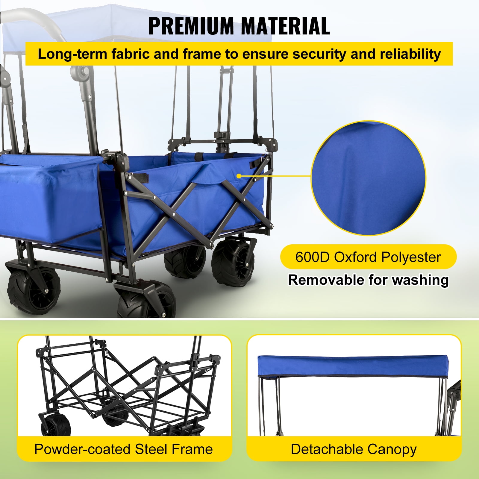 Outsunny Folding Garden Wagon Collapsible Wagon Cart with Wheels Steel Frame and Oxford Fabric Blue