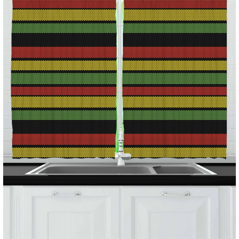 Jamaican Curtains 2 Panels Set, Knitted Effect Rastafarian Stripes