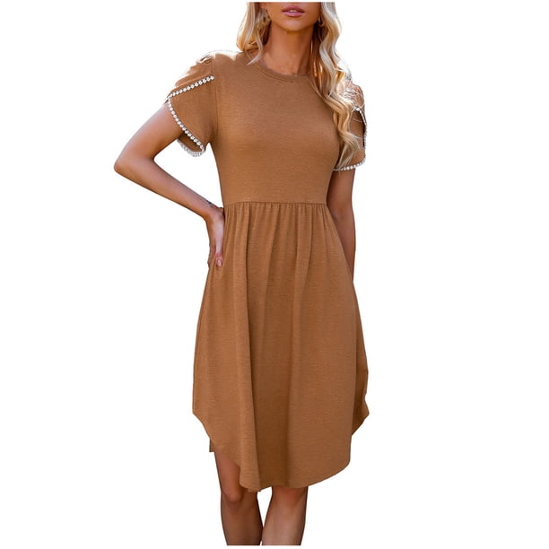 Mini vestido de mujer sexy de moda con manga de pétalo y manga corta con cuello redondo y cuello redondo Pompotops ghjkhdj11099