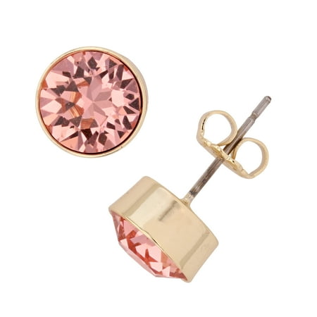 Swarovski Coral Peach Crystal Earrings - X & O 14KT Gold Plated 8 mm Bezel Set Flat Back Stud Earrings with Peach Swarovski Crystals