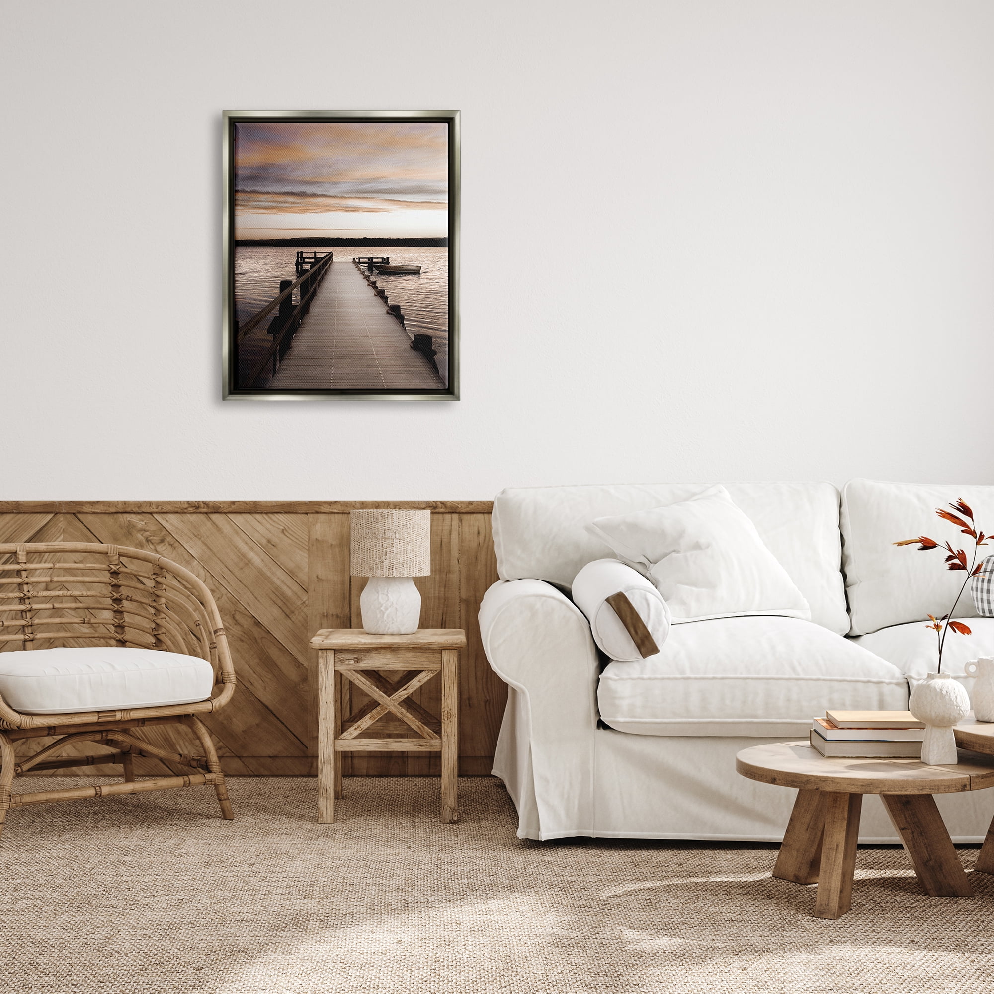 Stupell Industries Boat & Beach Pier Landscape Photography Gray Floater Framed Canvas Art Print Wall Art, 25 x 31