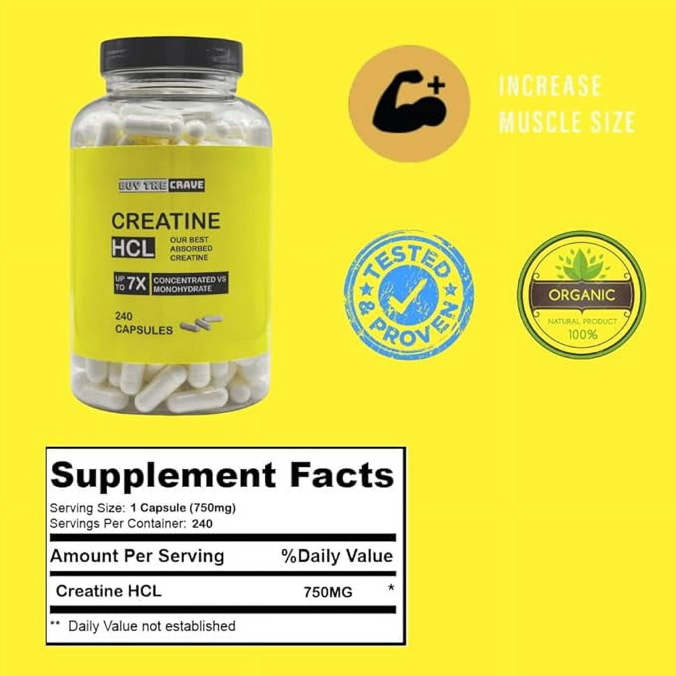 Buy The Crave Creatine HCL Pills, 7X Concentrated for Muscle Recovery, Energy, Cognitive Support – 240 Servings