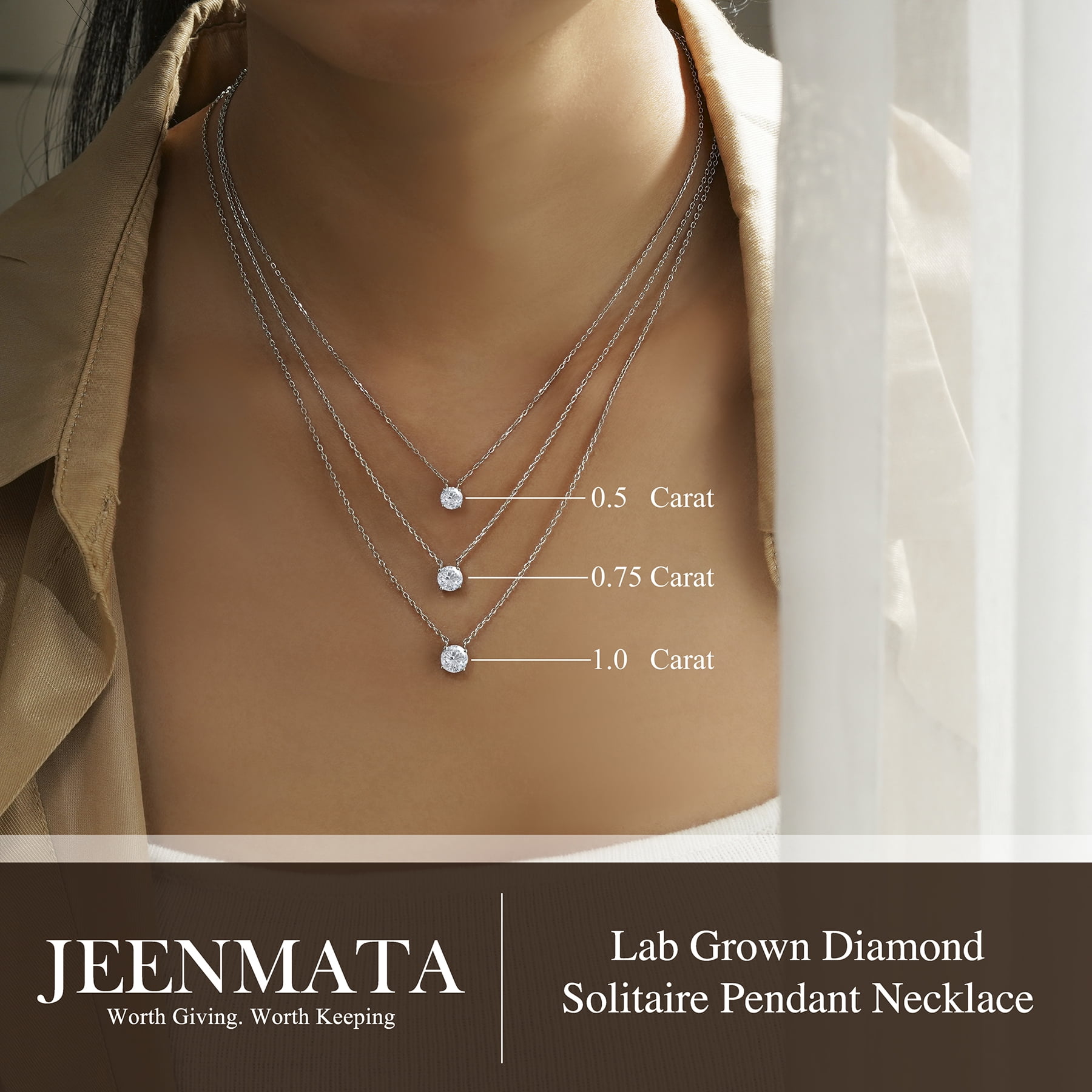 JeenMata Lab Grown Diamond 0.75 Carat Round Cut Classic Solitaire Pendant Necklace - in 18K White Gold Plating for Women