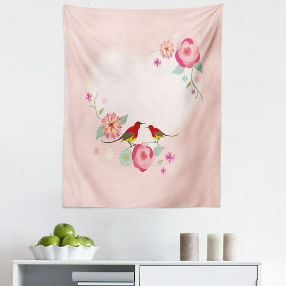 Flowers Tapestry, Valentines Day Concept Pale Heart Shapes with Birds and Floral Ornaments, Fabric Wall Hanging Decor for Bedroom Living Room Dorm, 5 Sizes, Blush Multicolor, by Ambesonne