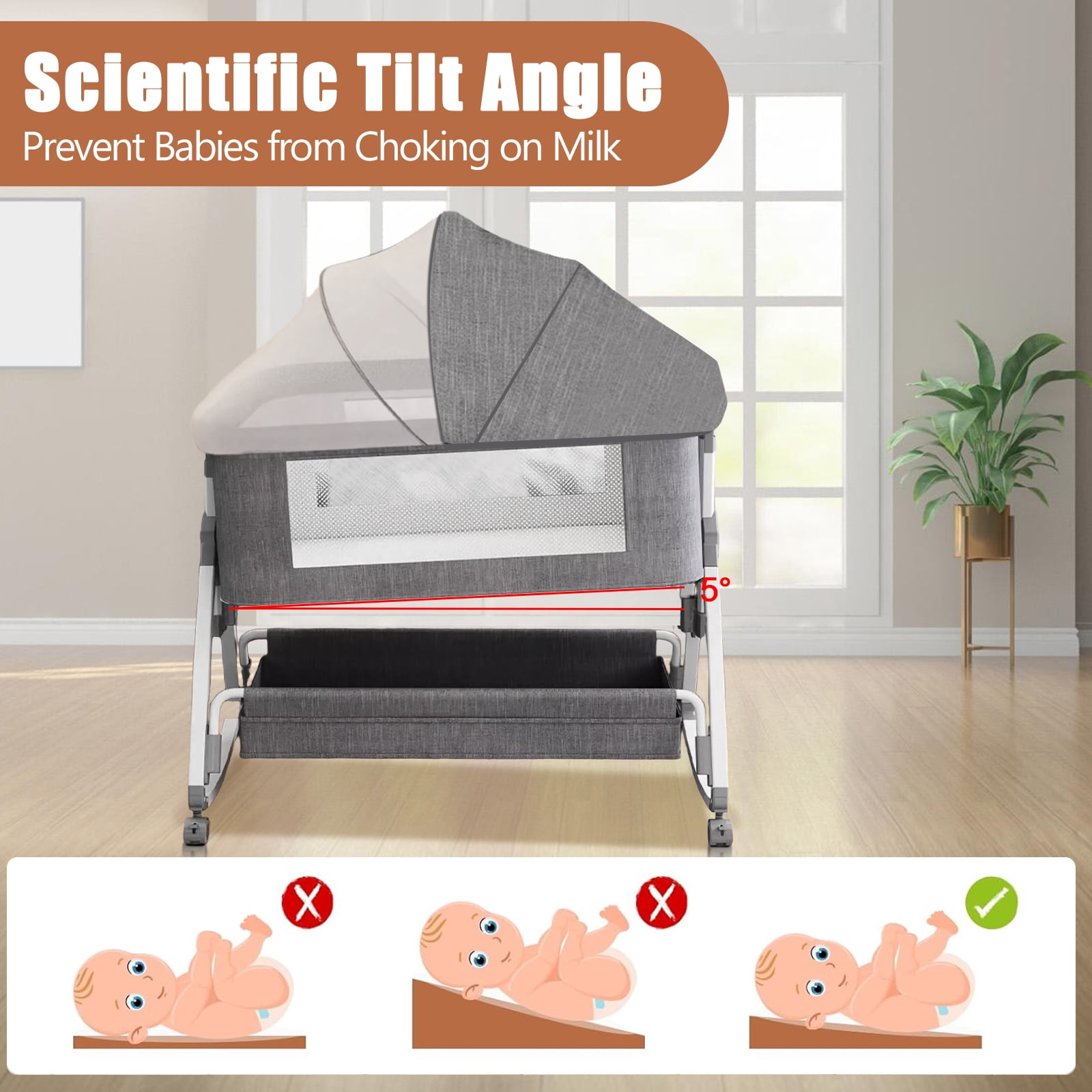 KFeng Baby Bassinet with Changing Table & Wheel,Adjustable Height for 0-36 Months,Gray