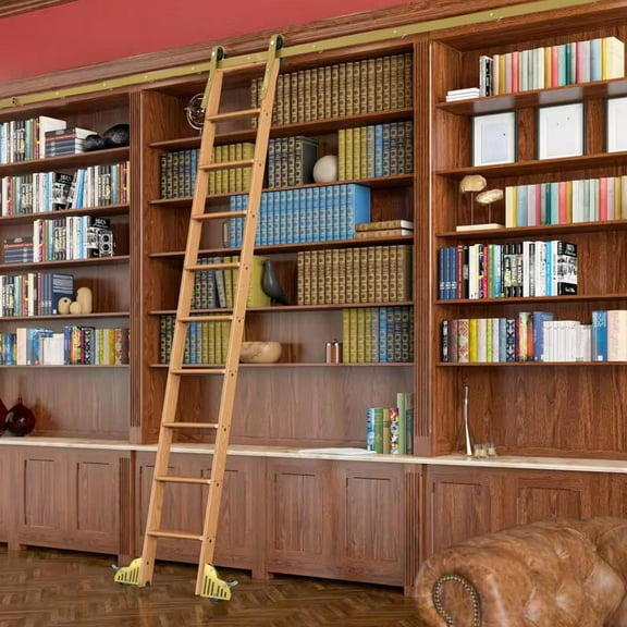 6.6ft Rolling Library Ladder System, Golden Brake Wheels and Track Brackets for Residential and Architectural Projects