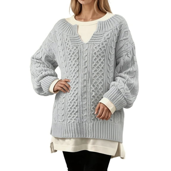 Gyexs V Neck Sweaters for Women Turtleneck Long Sleeve Ribbed Knit Shirts Warm Soft Wool Seamless Pullover Womens Winter Clothes, Light Gray, Size S