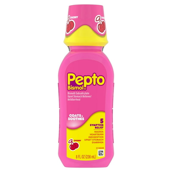 Pepto Bismol Cherry Liquid, Upset Stomach Relief, Nausea Relief, Heartburn Relief, Indigestion Relief, Anti Diarrhea Medication for Adults - 5 Symptom Fast Relief, 8 oz (Packaging May Vary)