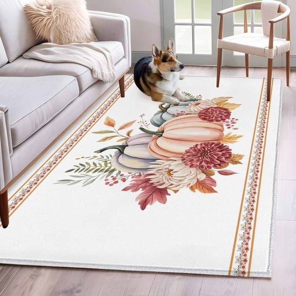Fall Pumpkins Area Rugs 3'x5', Washable Small Throw Rugs for Living Room Bedroom, Thanksgiving Autumn Flower Leaf Plant Indoor Outdoor Rug Non-Slip Low Pile Carpet Runner Reversible Floor Mats