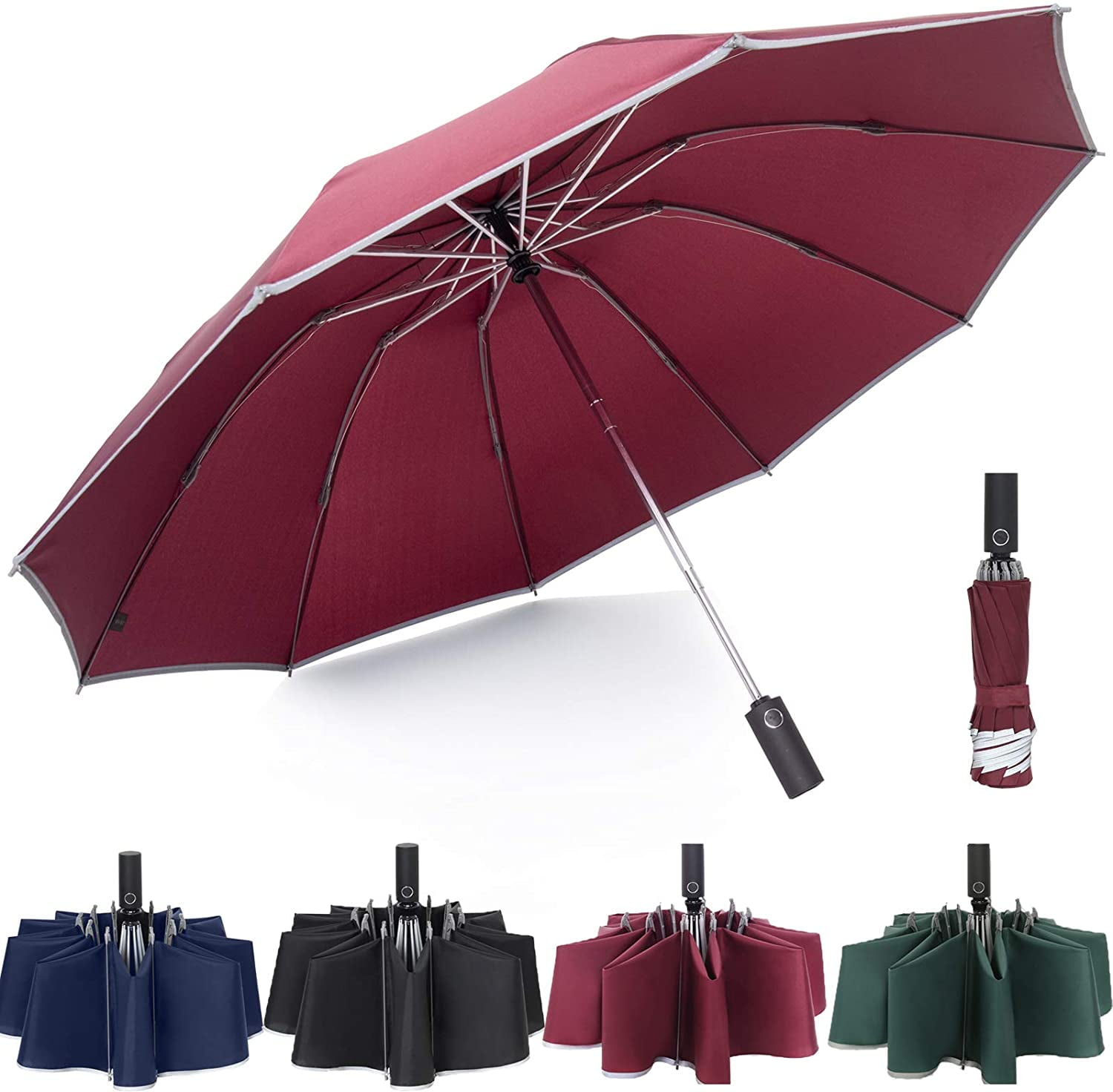 Compact Reverse Folding Umbrella Auto Open Close Windproof Red Frame Lightweight 
