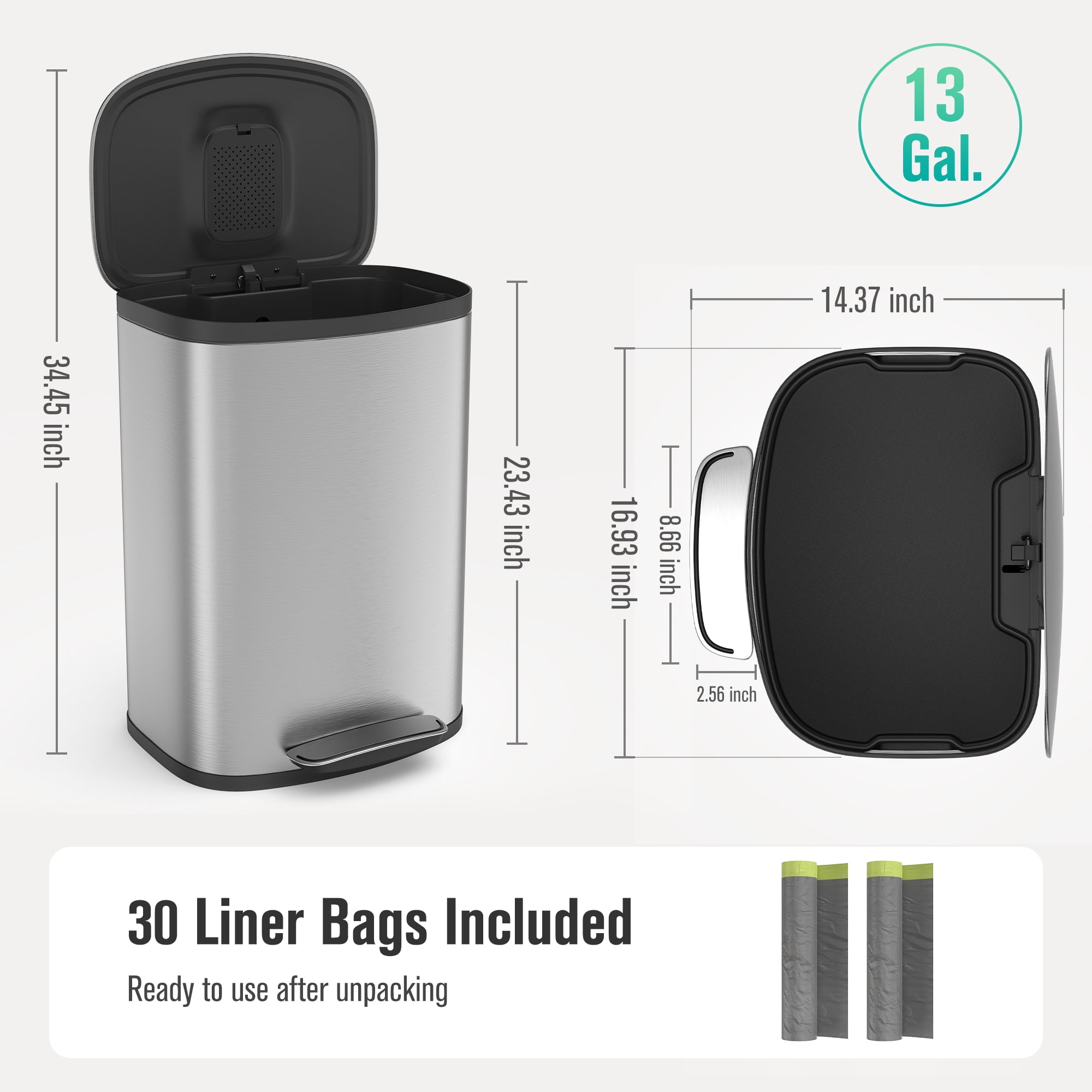 Miniyam 13 Gallon 50L Trash Can, Stainless Steel Foot Pedal Operated Soft Close Trash Can with 30 Garbage Bags for Kitchen, Office, Silver