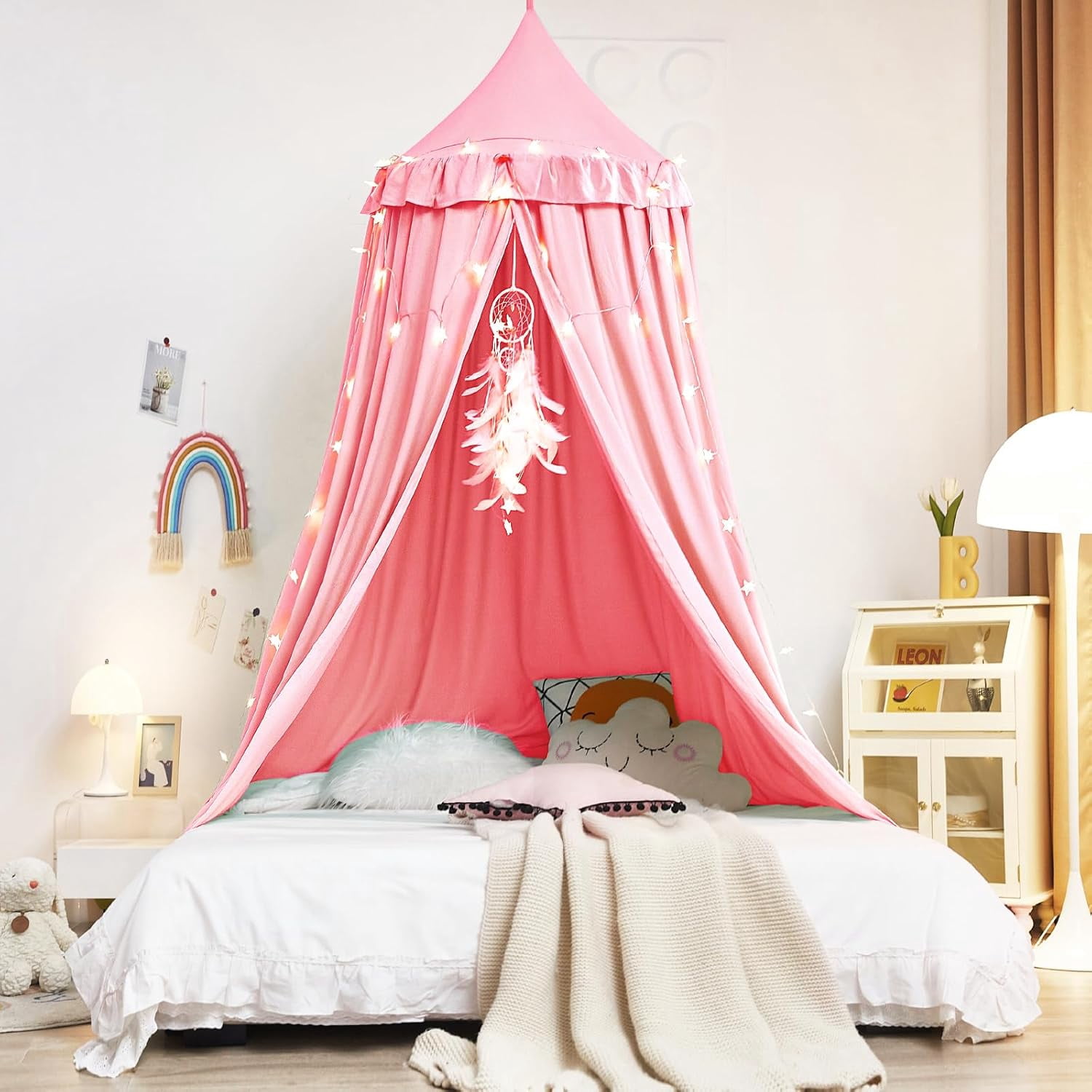 Decor Canopy for Kids Bed, Soft Smooth Playing Tent Canopy Girls Room Decoration Princess Castle, Dreamy Mosquito Net Bedding, Children Reading Nook Canopies in Home (Nordic Pink)