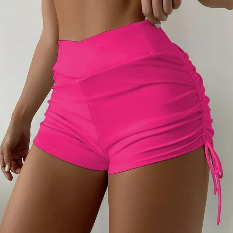 YYDGH Women's Ruched Drawstring Side High Waist Yoga Shorts Workout Skinny  Sports Gym Running Beach Shorts Hot Pink S