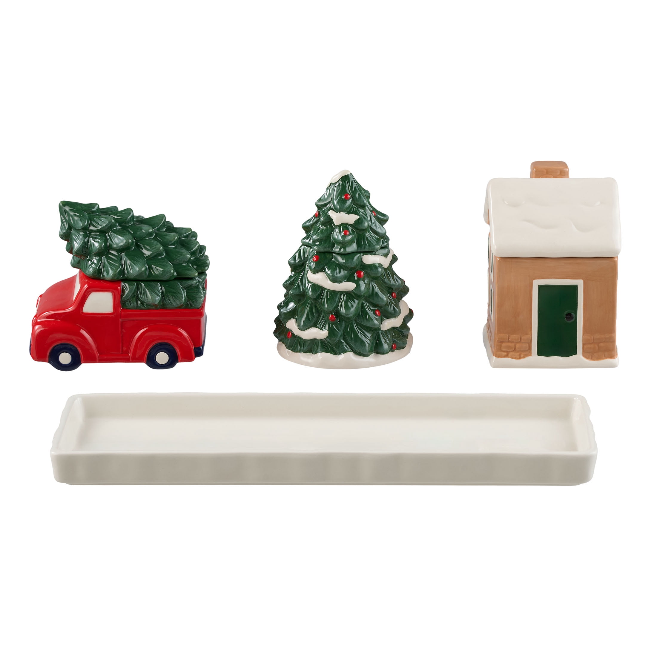 Holiday Time Christmas Icons Mini Treat Jars Set with Lids and Tray, Glazed Earthenware Ceramic, Multicolor