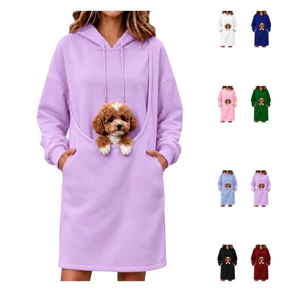 LWFFDAW Long Pet Pouch Hoodie Dress for Women with Dog Carrier Pockets Oversized Hoodie Fall Winter Loose Casual Hooded Sweatshirt Dress
