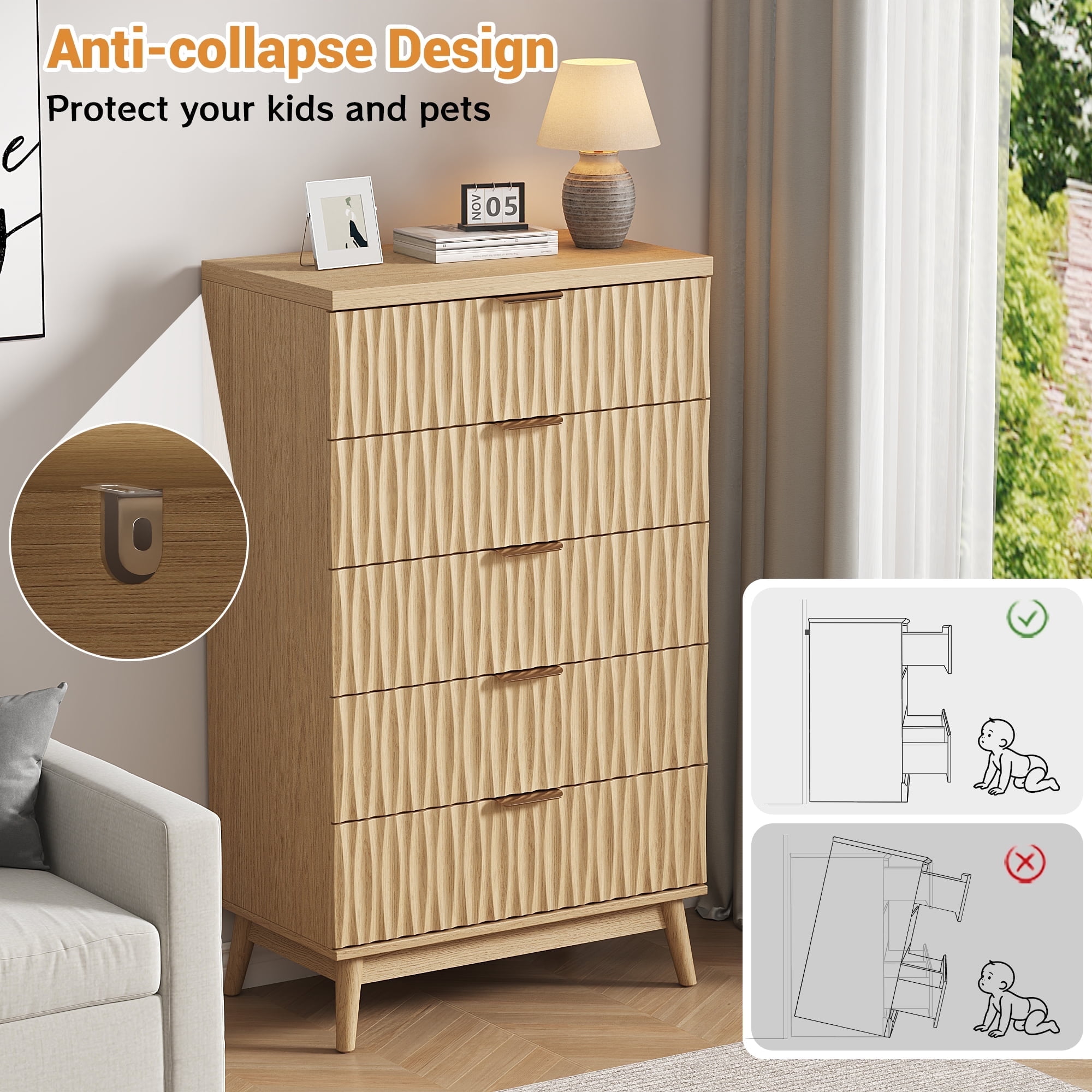 47" Tall 5 Fluted Drawer Dresser, Solid Wood Chest of Drawers with Glossy Handle, Storage Cabinet for Bedroom, Living Room, Entryway