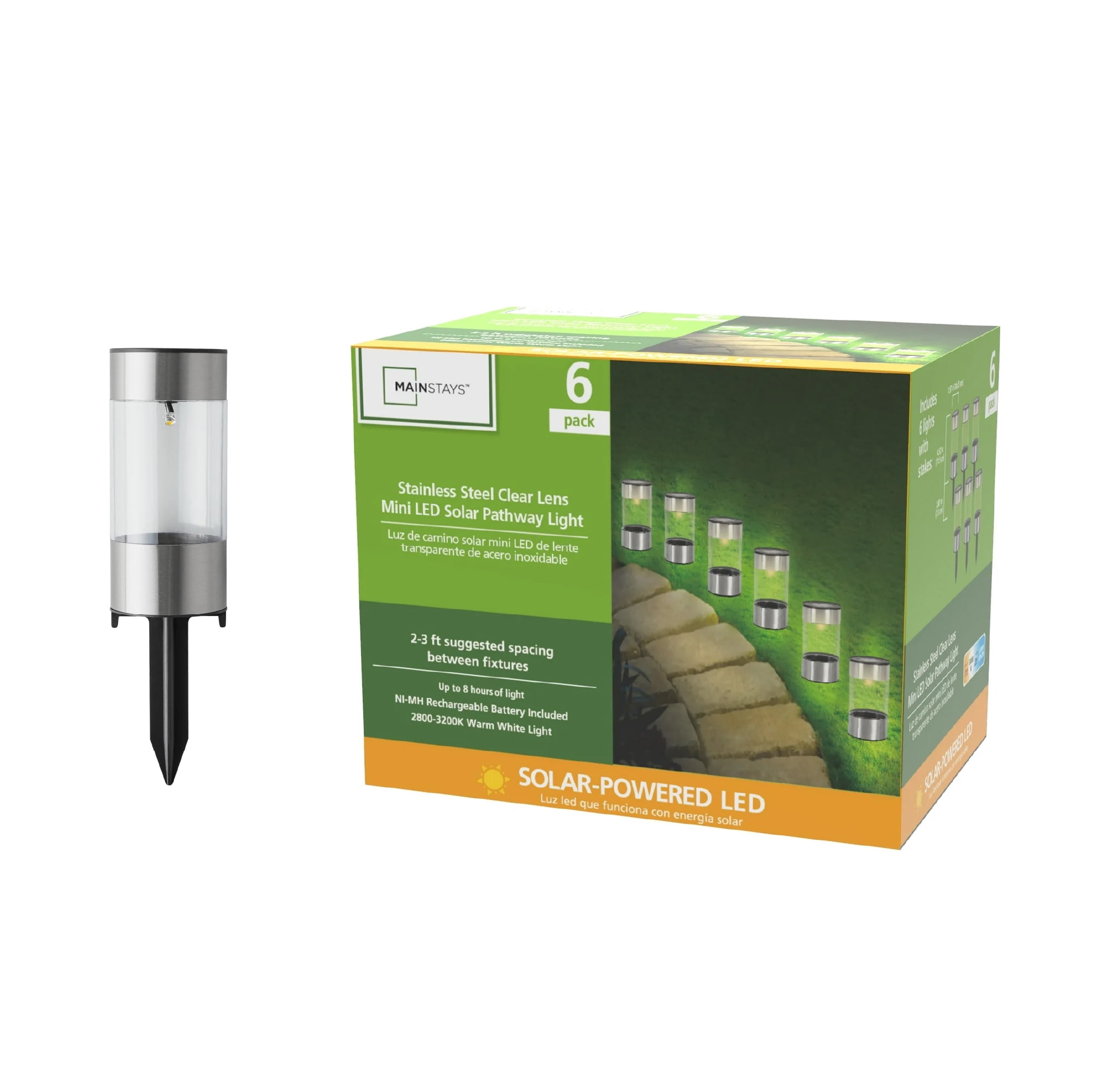 (2 pack) Mainstays Solar Powered Bollard Mini Landscape Path Lights, Warm White, 6 Pack