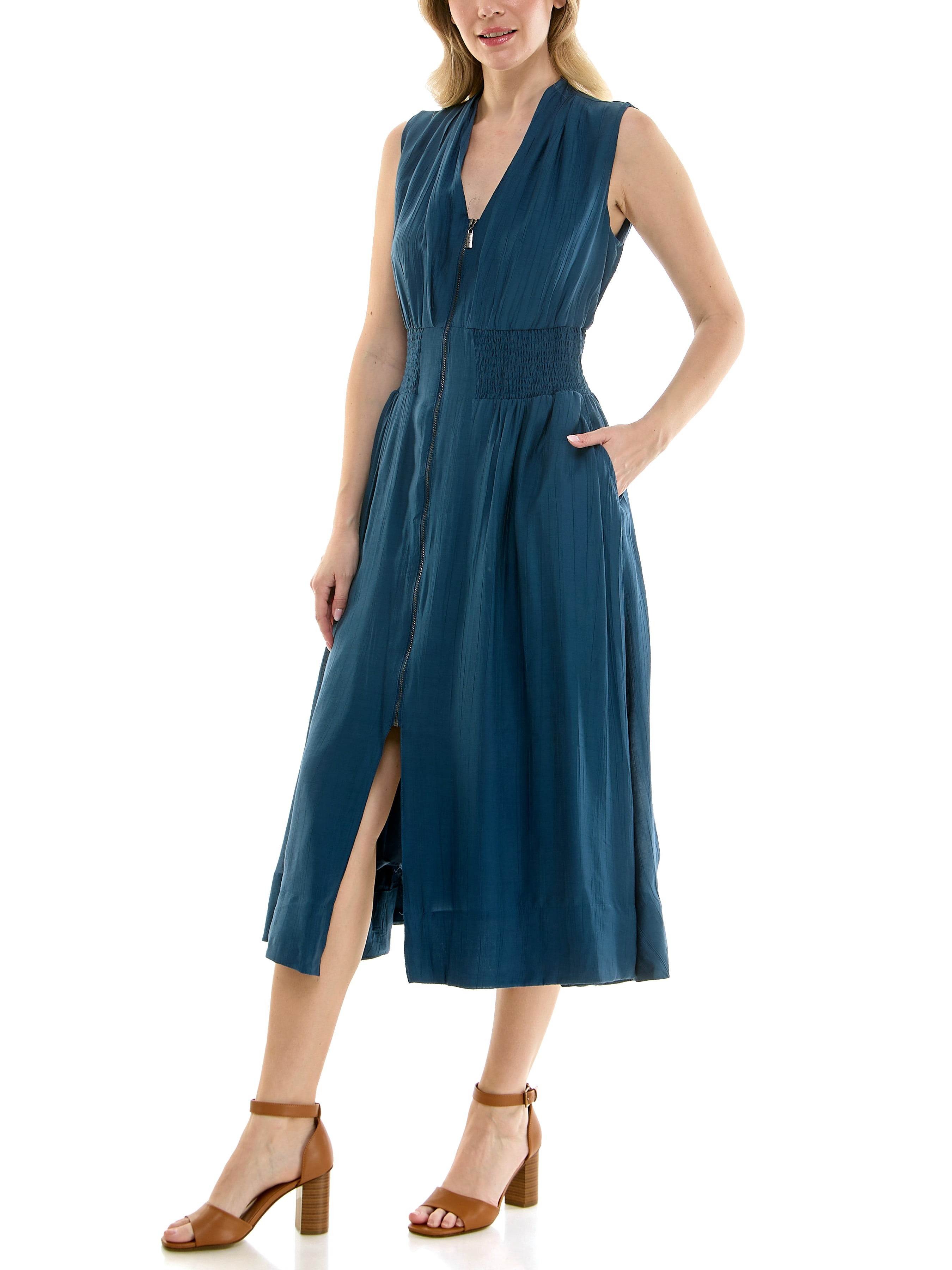 Sleeveless, V-Neck, smocked empire waist, zip front, fit & flare, midi dress in soft crinkle fabric,S-XL