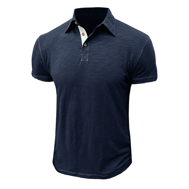 Men Short-Sleeve Beefy Muscle Basic Solid Color Blouse Tee Shirt Top Short Sleeve Turndown Collar Blouse Shirt