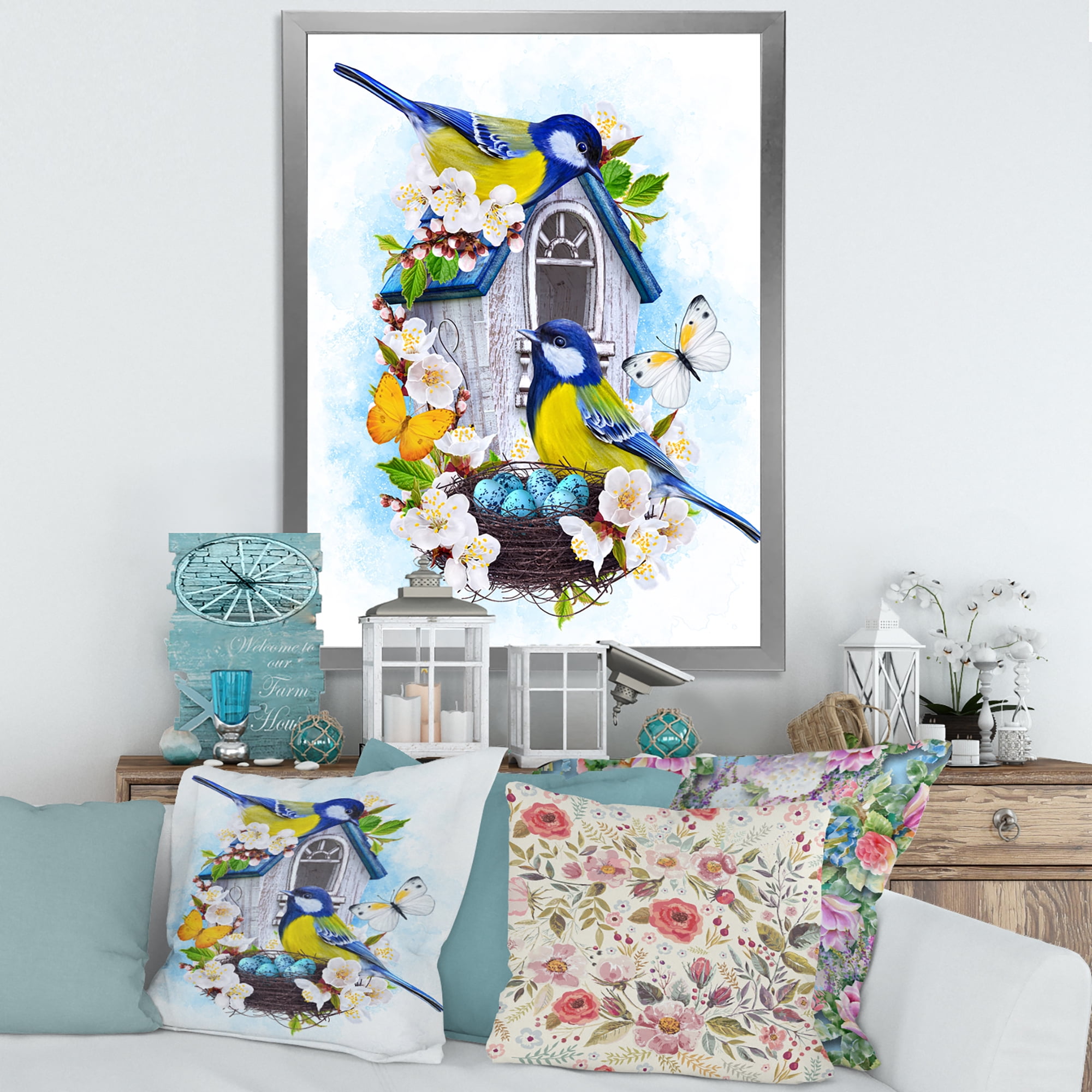 Designart 'Two Tit Birds Sitting Near The Nest With Eggs and White Flowers I' Traditional Framed Art Print