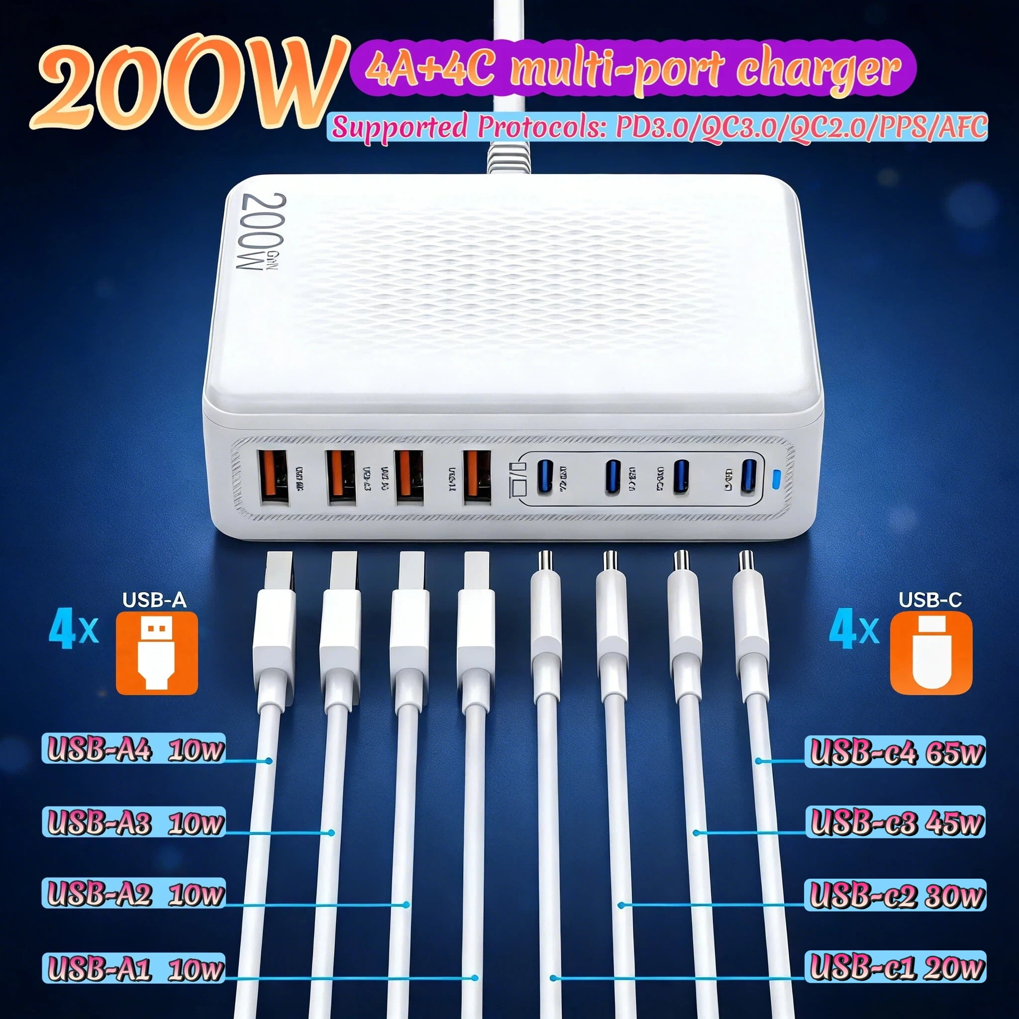 Fast Charger USB C Charger Block, 200W GaN 8 Port USBC Charging Station USB Hub Block Cube, PD 65W Laptop Charging Station for Multiple Devices iPhone 17/16/15,MacBook Pro/Air,iPad,White