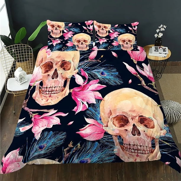 Calavera Rosa Floral Tema Funda Nórdica Juego de Cama